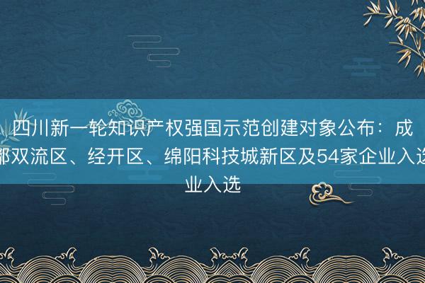 四川新一轮知识产权强国示范创建对象公布：成都双流区、经开区、绵阳科技城新区及54家企业入选