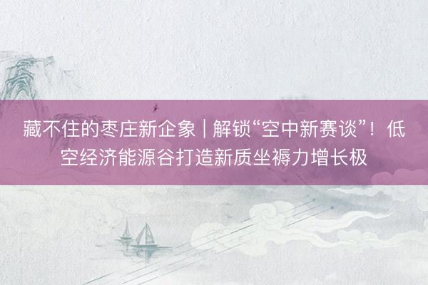 藏不住的枣庄新企象 | 解锁“空中新赛谈”!低空经济能源谷打造新质坐褥力增长极